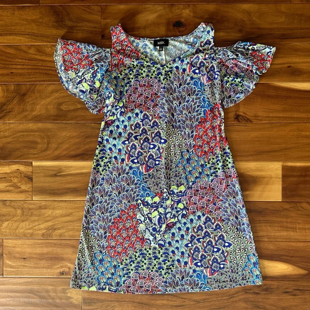 MSK Vibrant Colorful Floral Shoulder Cutout Dress size Small